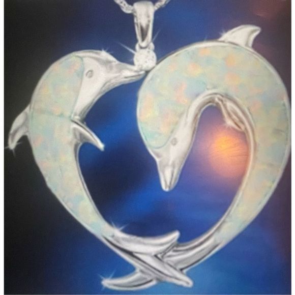 WHITE DOLPHIN OPAL HEART N STERLING SILVER NECKLACE - Picture 2 of 5